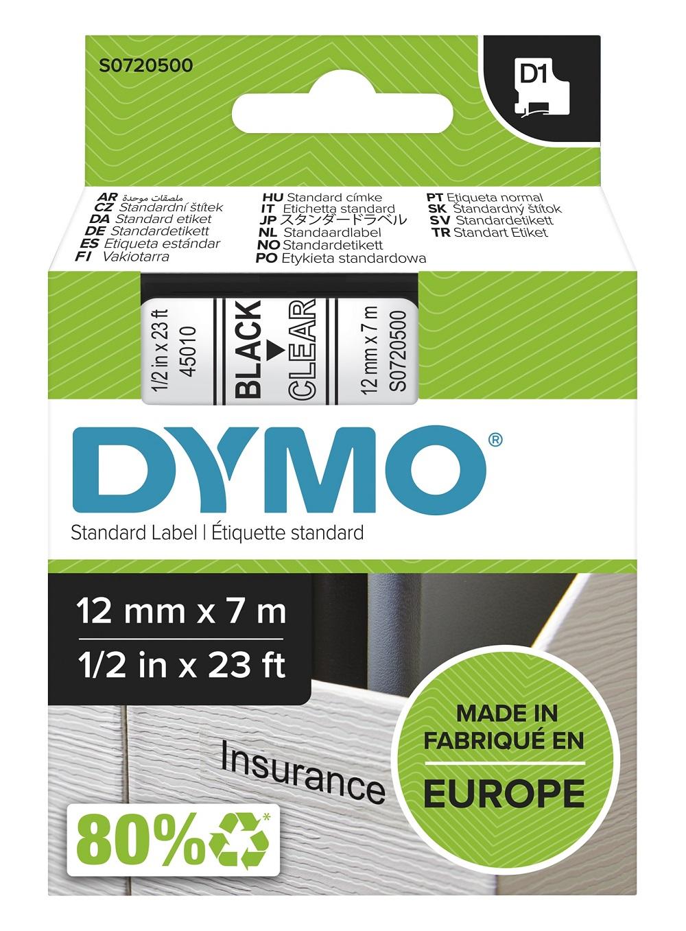 DYMO D1 märktejp standard 12mm, svart på transparent, 7m rulle (4501