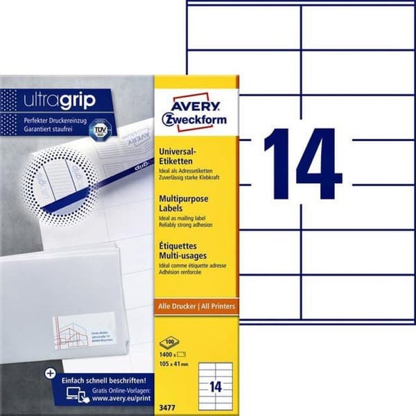 Avery vita etiketter QuickPeel-format 105 x 41 mm (bxh) 1 400 stycken 14 per ark låda med 100 ark