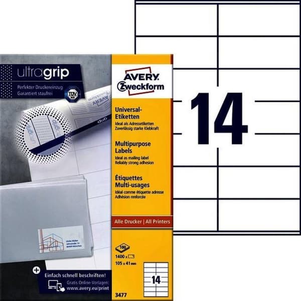 Avery vita etiketter QuickPeel-format 105 x 41 mm (bxh) 1 400 stycken 14 per ark låda med 100 ark