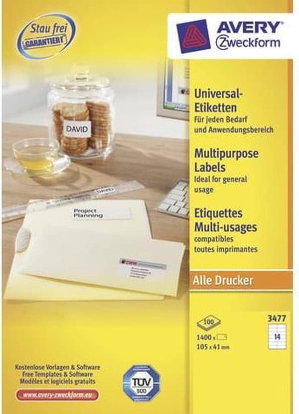 Avery vita etiketter QuickPeel-format 105 x 41 mm (bxh) 1 400 stycken 14 per ark låda med 100 ark