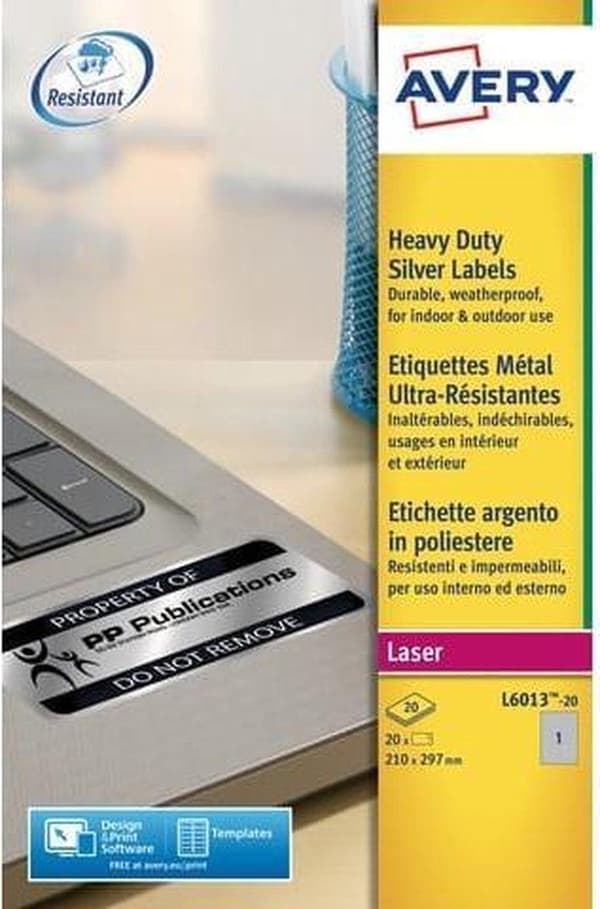 Avery Ultra Strong Etiketter, Silver, 210,0 x 297,0 mm, Permanent Adhesive