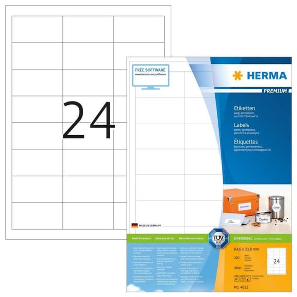 HERMA Etiketter hvid 64,6x33,8 Premium A4 4800 stk.