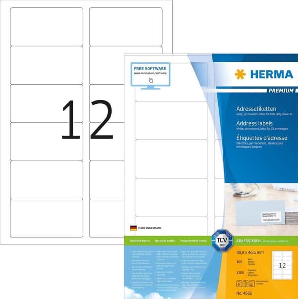 Herma Prem. adr.etik. 88,9x46,6 100 ark DIN A4 1200 stk 4666