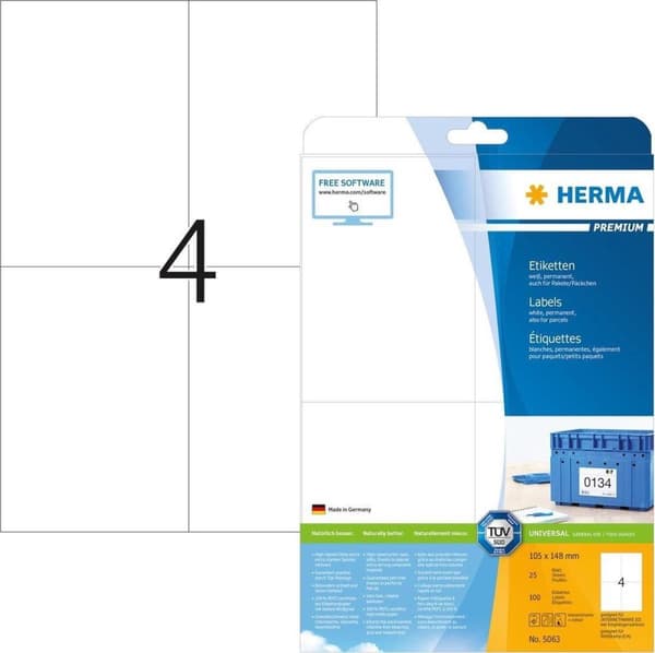 Herma Prem. etiketter w. 105X148 25 ark DIN A4 100 st 5063