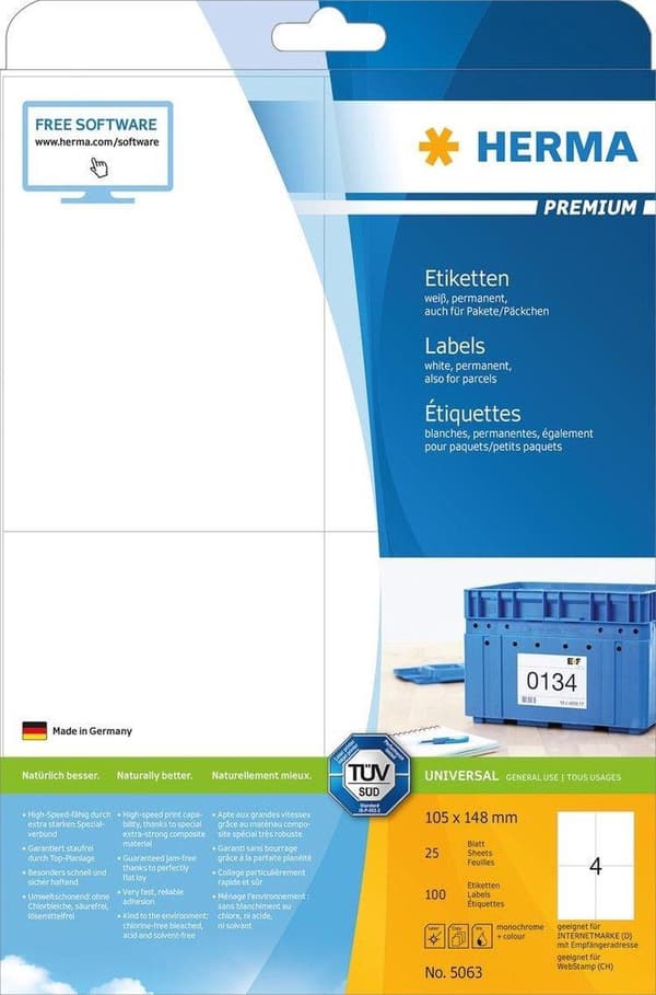 Herma Prem. etiketter w. 105X148 25 ark DIN A4 100 st 5063