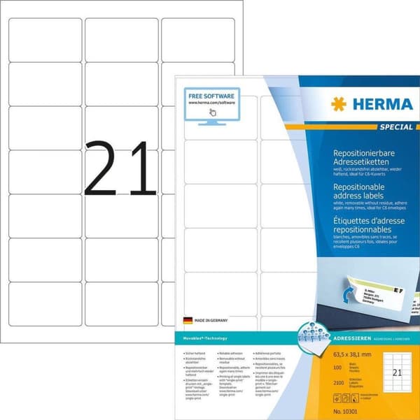 Herma Adr.Etik. movab. 63,5x38,1 100 Bl. DIN A4 2100 stycken 10301