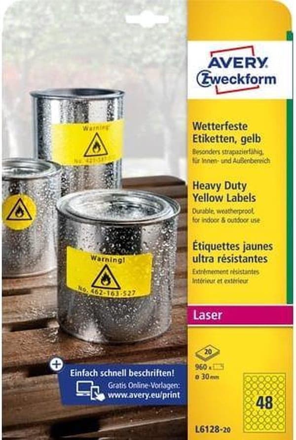 laseretikett Avery rund 30mm gul 20 ark 48 etiketter per ark
