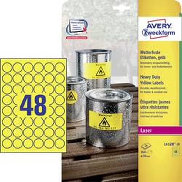laseretikett Avery rund 30mm gul 20 ark 48 etiketter per ark