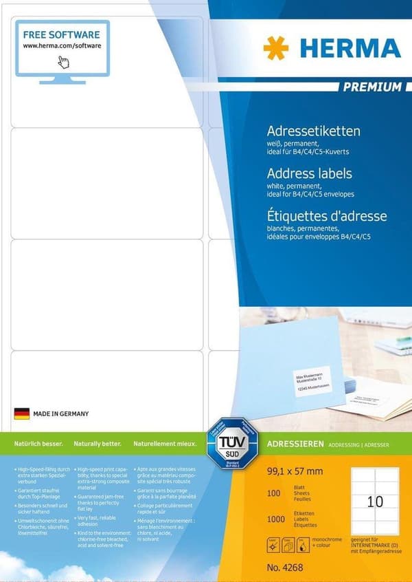 HERMA Adressetiketter vit 99,1x57 Premium A4 1000 st.