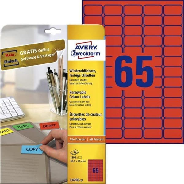 Lasertarra Avery 38.1x21.2mm - punainen laatikko 20 arkkia 65 et. per ve