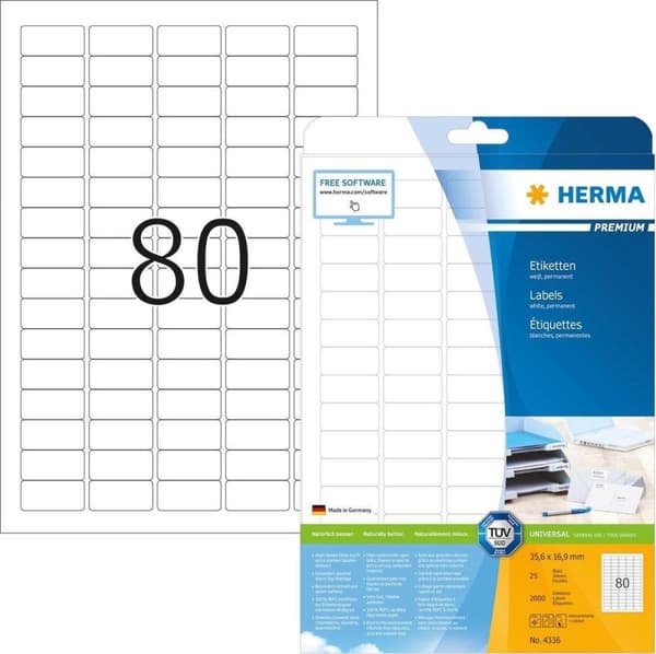 HERMA Etiketter hvid 35,6x16,9 Premium A4 2000 stk.