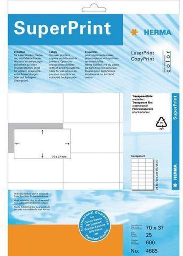 Herma transp. etiketter 70x37 25 ark DIN A4 600 stk 4685