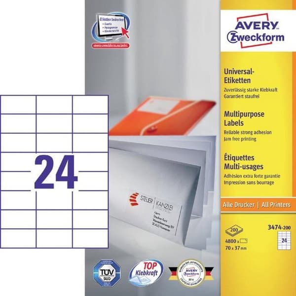 Avery vita etiketter QuickPeel-format 70 x 37 mm (bxh) 4 800 stycken 24 per arklåda med 200 ark
