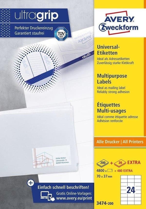 Avery vita etiketter QuickPeel-format 70 x 37 mm (bxh) 4 800 stycken 24 per arklåda med 200 ark