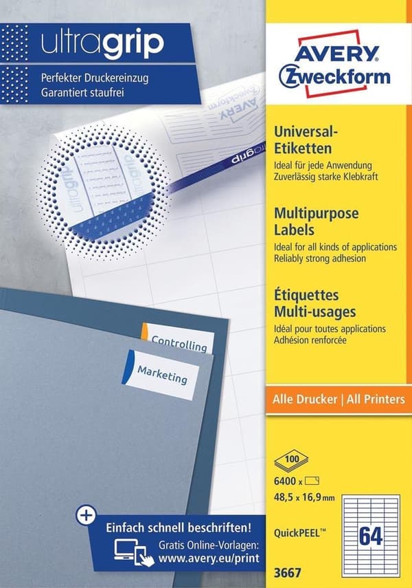 Avery Universal Labels, hvid, 48,5 x 16,9 mm, permanent klæbende