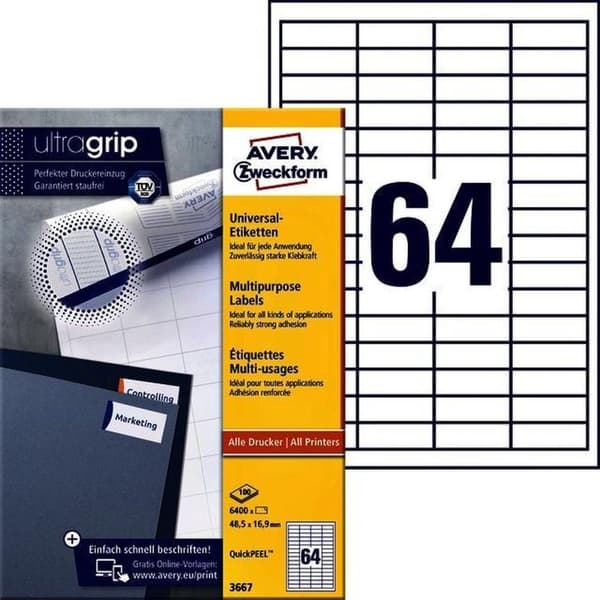 Avery Universal Labels, hvid, 48,5 x 16,9 mm, permanent klæbende
