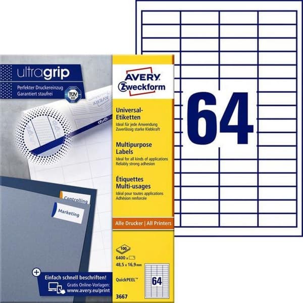 Avery Universal Labels, hvid, 48,5 x 16,9 mm, permanent klæbende