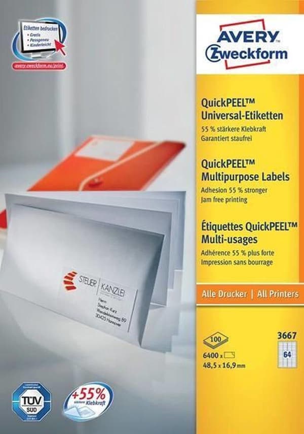 Avery Universal Labels, hvid, 48,5 x 16,9 mm, permanent klæbende