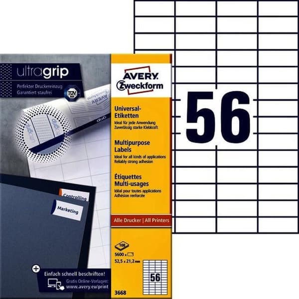 Avery Universal Labels, valkoinen, 52,5 x 21,2 mm, pysyvä liima
