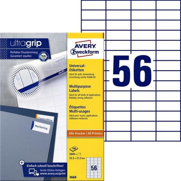 Avery Universal Labels, valkoinen, 52,5 x 21,2 mm, pysyvä liima