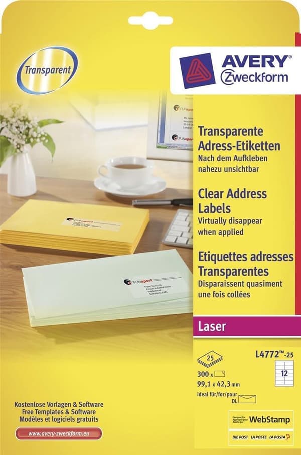 Avery transparenta etiketter QuickPEEL-format 991 x 423 mm (bxh) 300 stycken 12 per ark