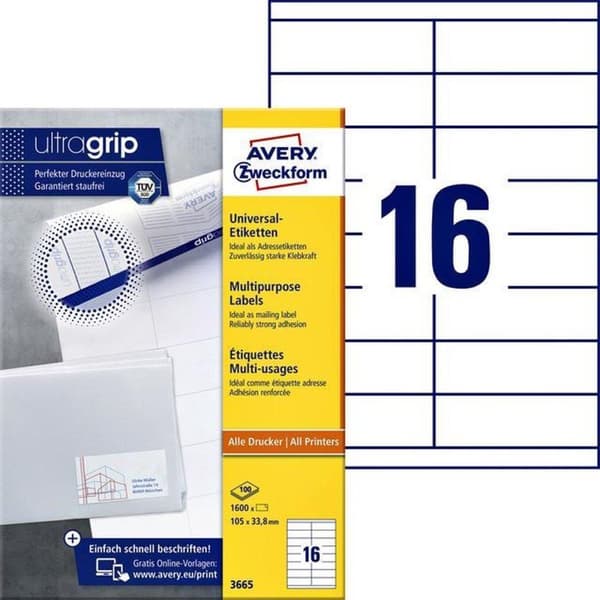 Avery Universal-etiketter, vit, 105,0 x 33,8 mm, permanent lim