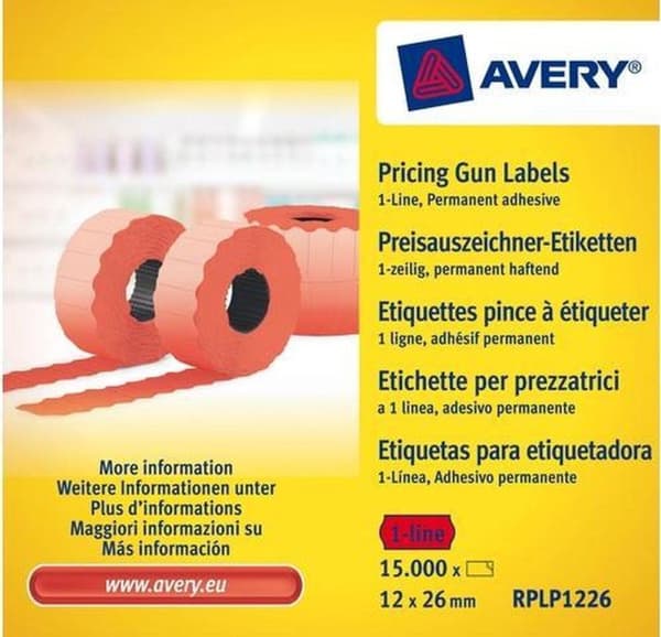 Pristang etiketter Avery permanent 26x12mm rød 10 ruller i æske