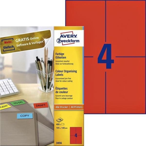 Avery färgade etiketter, röda, 105,0 x 148,0 mm, permanent självhäftande