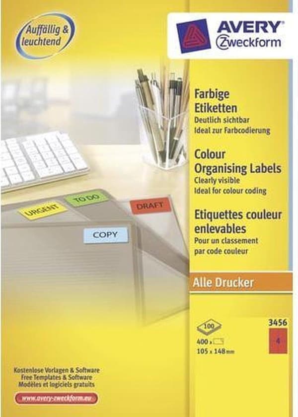 Avery färgade etiketter, röda, 105,0 x 148,0 mm, permanent självhäftande