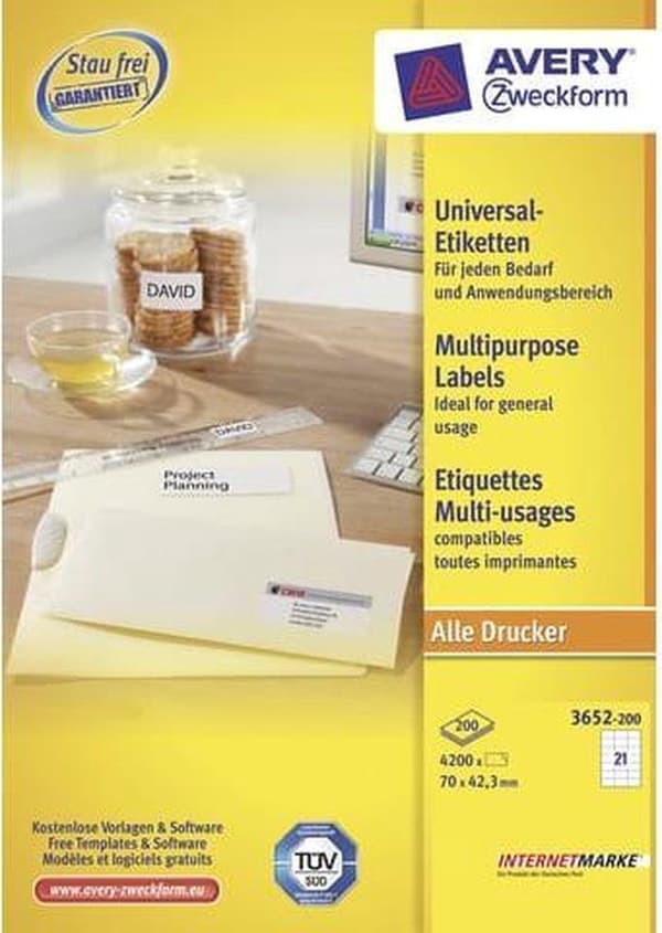 Avery hvide etiketter QuickPeel format 70 x 423 mm (bxh) 4.200 stykker 21 pr. ark æske med 200 ark