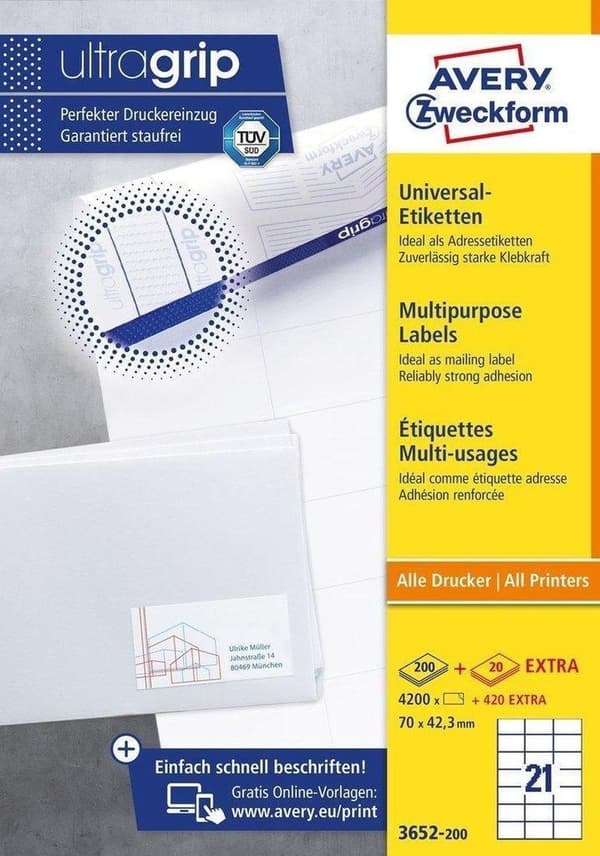 Avery hvide etiketter QuickPeel format 70 x 423 mm (bxh) 4.200 stykker 21 pr. ark æske med 200 ark