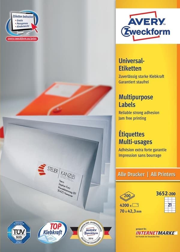 Avery hvide etiketter QuickPeel format 70 x 423 mm (bxh) 4.200 stykker 21 pr. ark æske med 200 ark