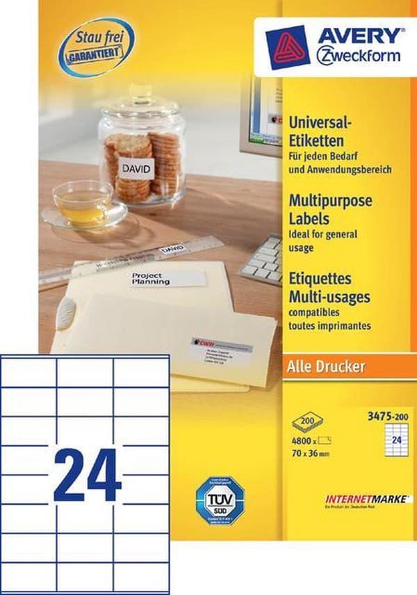 Avery vita etiketter QuickPeel format 70 x 36 mm (bxh) 4 800 stycken 24 per ark låda med 200 ark