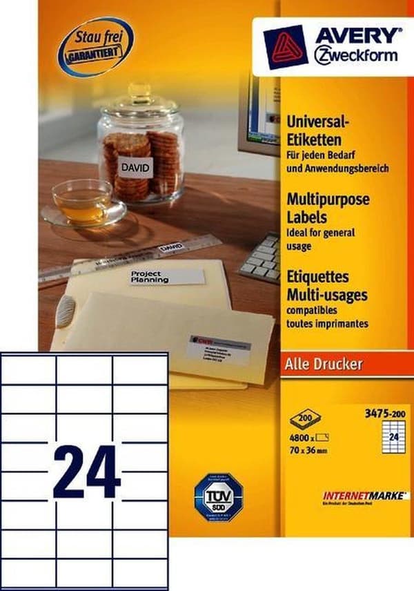 Avery vita etiketter QuickPeel format 70 x 36 mm (bxh) 4 800 stycken 24 per ark låda med 200 ark
