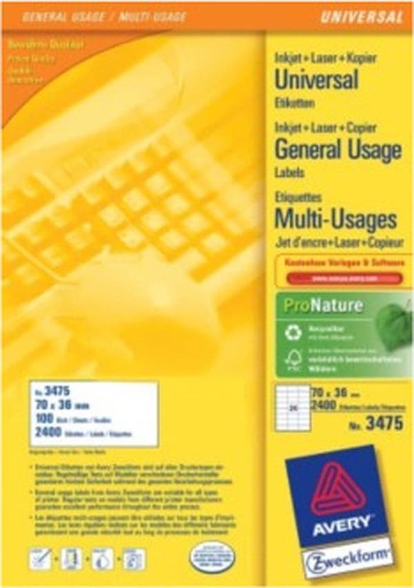 Avery vita etiketter QuickPeel format 70 x 36 mm (bxh) 4 800 stycken 24 per ark låda med 200 ark