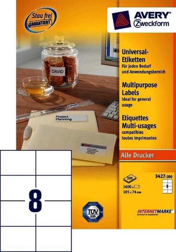 Avery hvide etiketter QuickPeel format 105 x 74 mm (bxh) 1.600 stykker 8 pr. ark æske med 200 ark