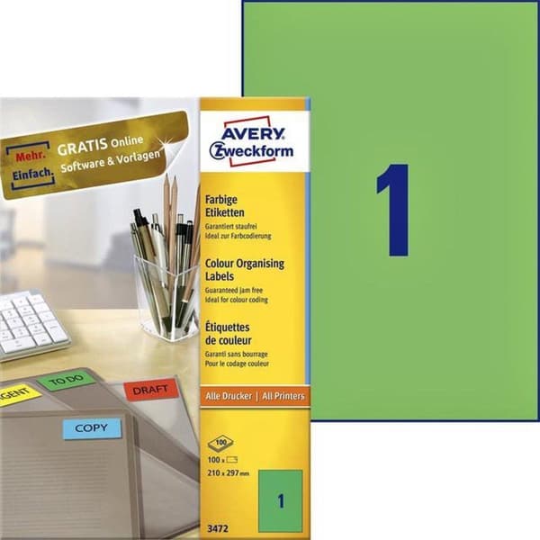 Avery färgade universella etiketter format 210 x 297 mm (bxh) 100 stycken grön