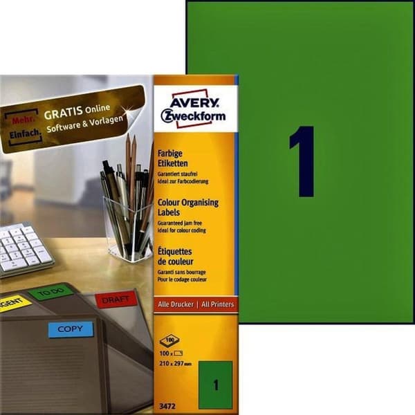 Avery färgade universella etiketter format 210 x 297 mm (bxh) 100 stycken grön