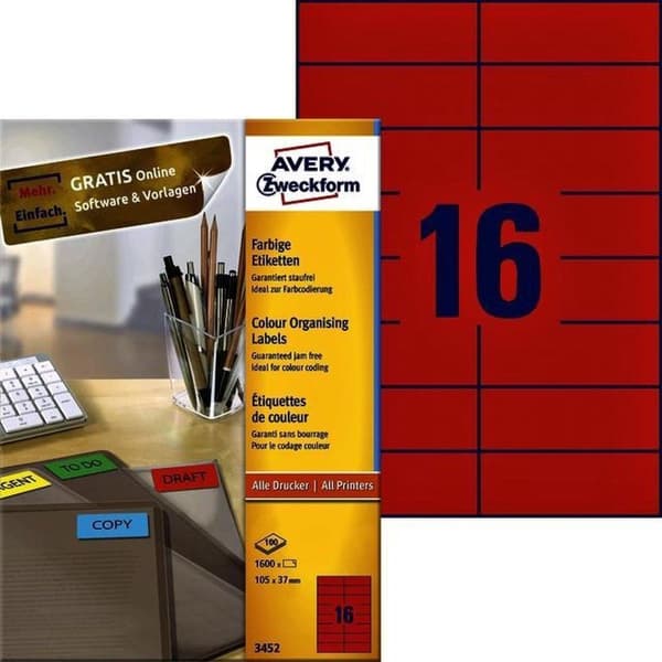Avery Färgade universaletiketter format 105 x 37 mm (bxh) 1 600 stycken röd