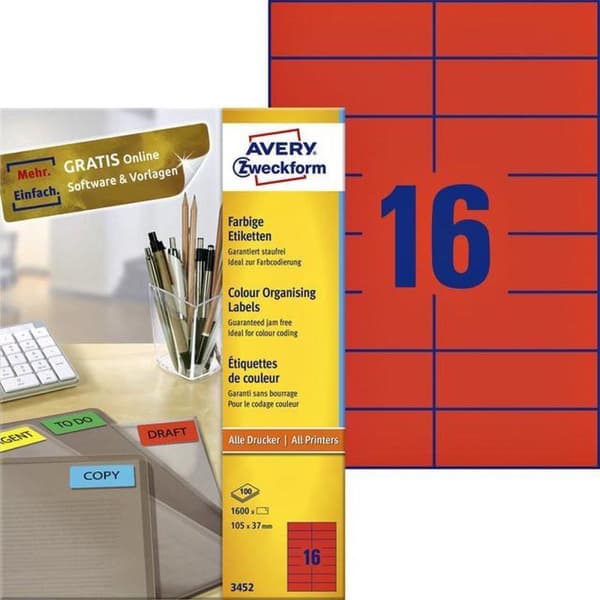 Avery Färgade universaletiketter format 105 x 37 mm (bxh) 1 600 stycken röd