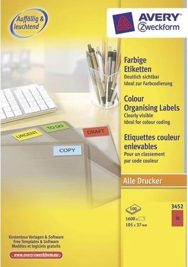 Avery Färgade universaletiketter format 105 x 37 mm (bxh) 1 600 stycken röd