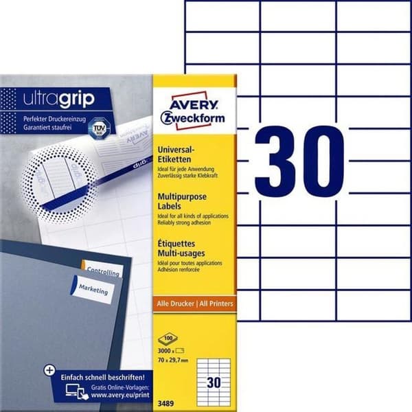 Avery hvide etiketter QuickPeel format 70 x 297 mm (bxh) 3.000 styk 30 pr. ark æske med 100 ark