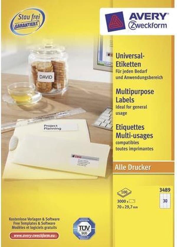 Avery hvide etiketter QuickPeel format 70 x 297 mm (bxh) 3.000 styk 30 pr. ark æske med 100 ark