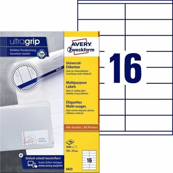 Avery vita etiketter QuickPeel format 105 x 35 mm (bxh) 1 600 stycken 16 per ark låda med 100 ark