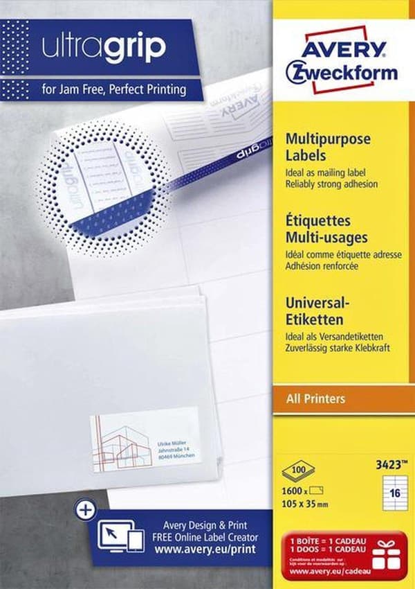 Avery vita etiketter QuickPeel format 105 x 35 mm (bxh) 1 600 stycken 16 per ark låda med 100 ark