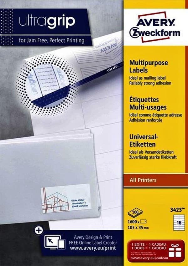 Avery vita etiketter QuickPeel format 105 x 35 mm (bxh) 1 600 stycken 16 per ark låda med 100 ark