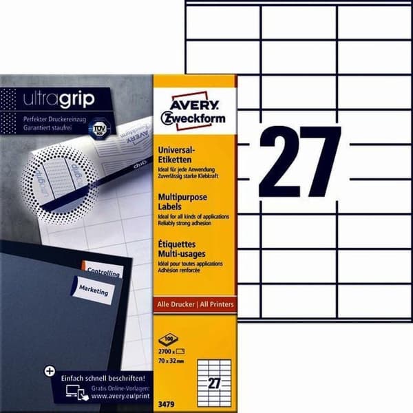 Avery Universal-etiketter, hvid, 70,0 x 32,0 mm, permanent klæbende