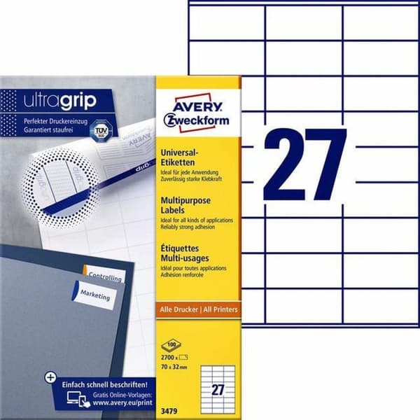 Avery Universal-etiketter, hvid, 70,0 x 32,0 mm, permanent klæbende