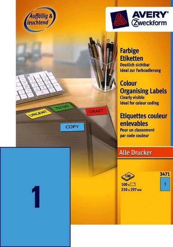 Private label Avery 3471 Farvet label 210x297mm Blå
