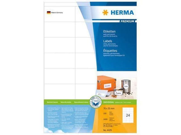 Herma Prem. Etiketit valkoiset 70x35 100 Bl. DIN A4 2400 kpl 4429